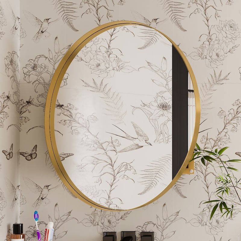 31.5" Round Metal Framed Medicine Cabinet w/ Mirror,Adjustable Shelves - Gold