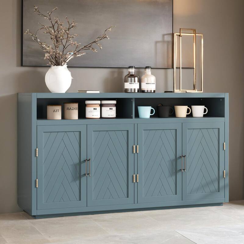 4-door Classic Sideboard with Open Storage and Adjustable Shelves Perfect for kitchens, living rooms - Smoke Blue