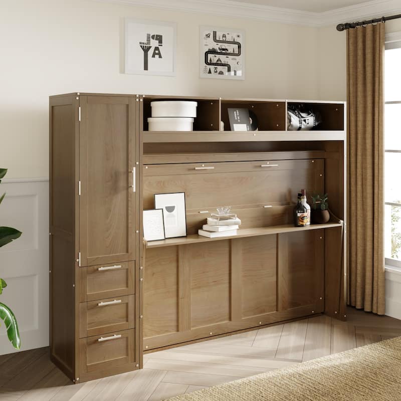 Full Murphy Bed with Wardrobe, Drawers, and Open Shelves