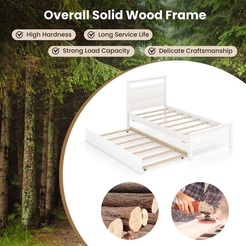 Costway Twin Size Platform Bed with Trundle Pull-out Trundle Headboard