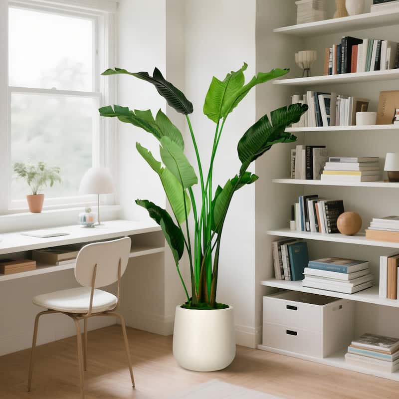Artificial Banana Leaf Tree Bird Of Paradise in White Decor Pot