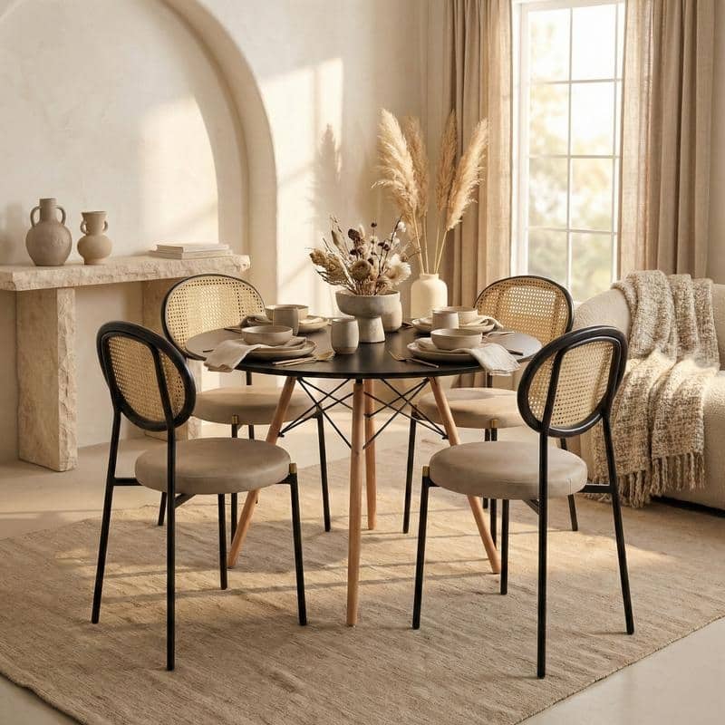 Leisuremod 5-Piece Dining Set with 1 Modern Solid Wood Top Round Dining Table and 4 Velvet/Leather Upholstered Chairs