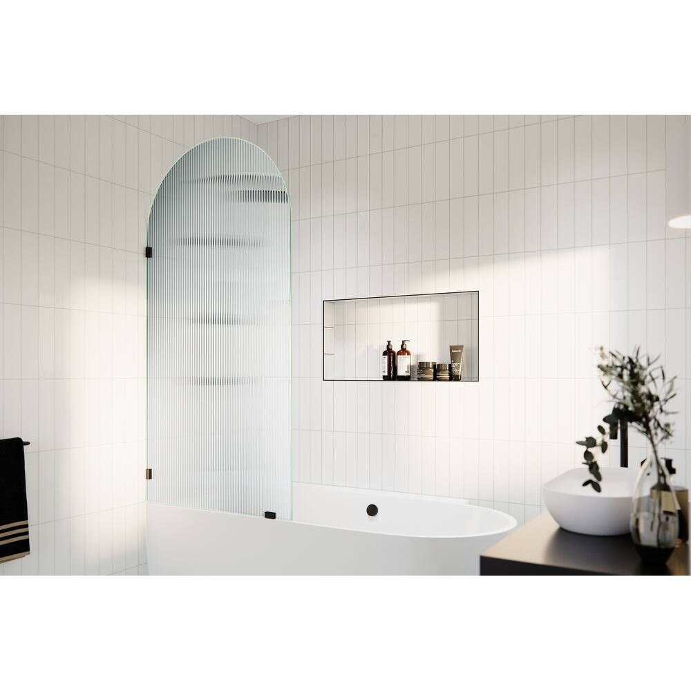 Venus 34 in. x 66.75 in. Single Fixed Frameless Arched Fluted Frosted Bathtub Panel