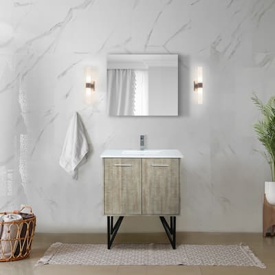 Lancy 30 in W x 20 in D Rustic Acacia Bath Vanity, White Quartz Top, Chrome Faucet Set and 28 in Mirror