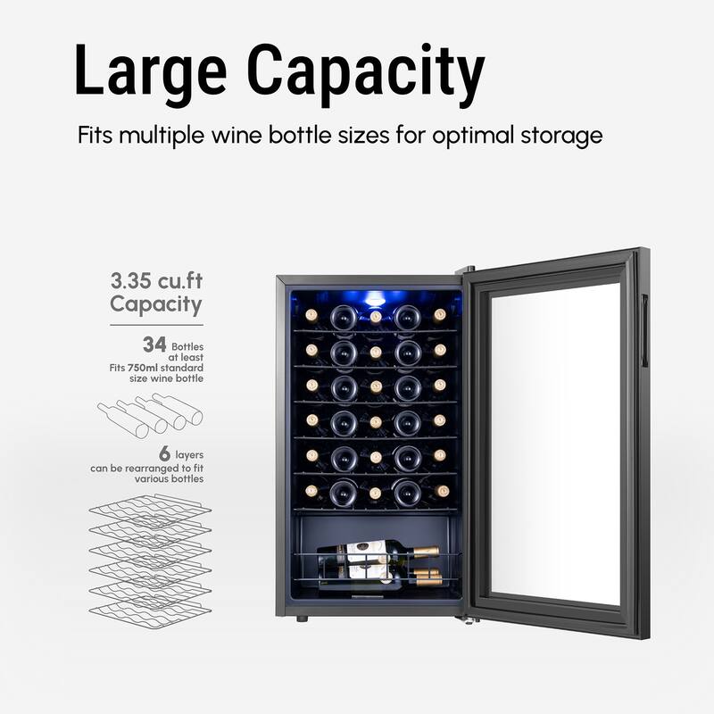 Yeego 34 Bottle Wine/Beverage Refrigerator, 3.36 Cu.Ft, Freestanding