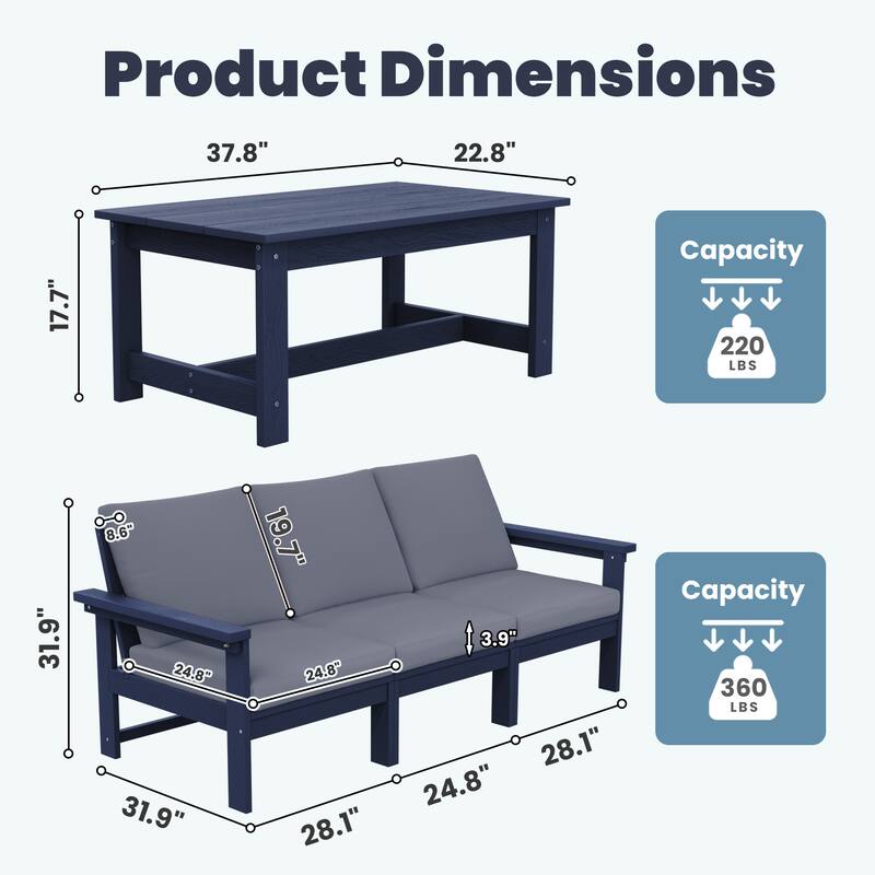 Outdoor Patio HDPE 3-Seat Sofa and Coffee Table Set, Removable Cushions Included