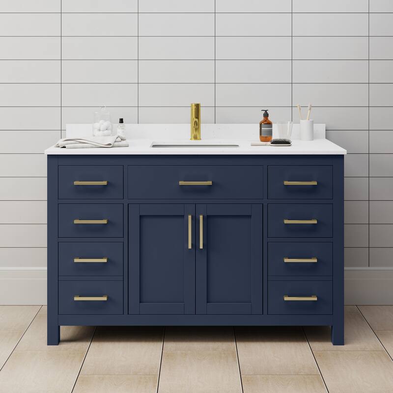 Wyndham Collection Beckett 54" Free Standing Single Basin Vanity Set - Dark Blue / White Cultured Marble Top / Brushed