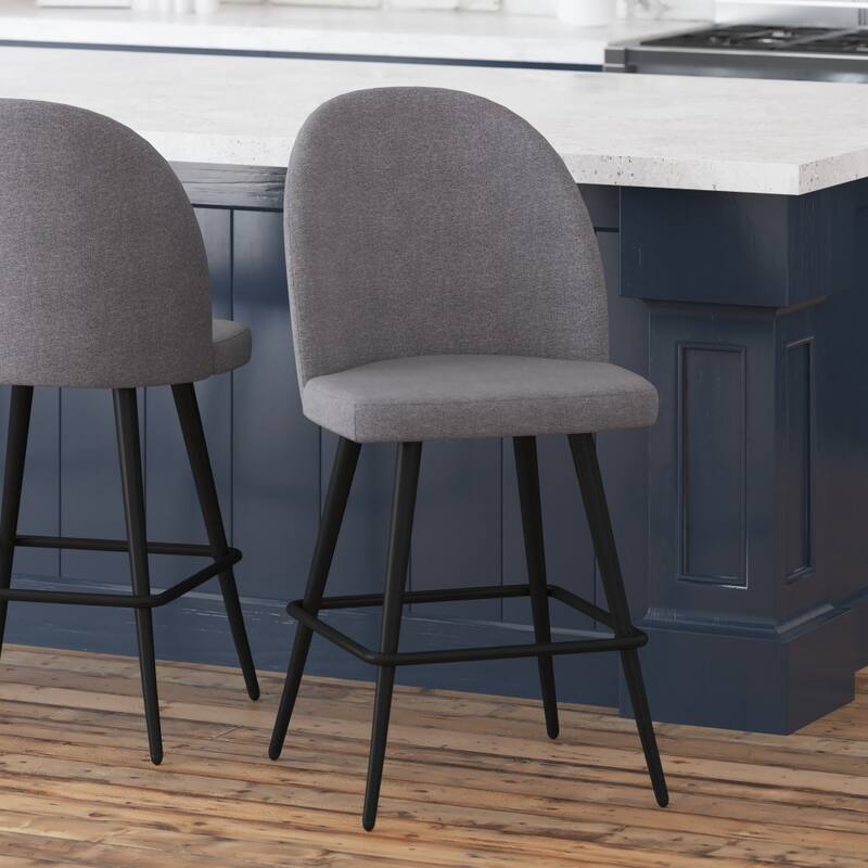 Set of 2 Upholstered Counter Stools with Steel Frames - Gray Faux Linen