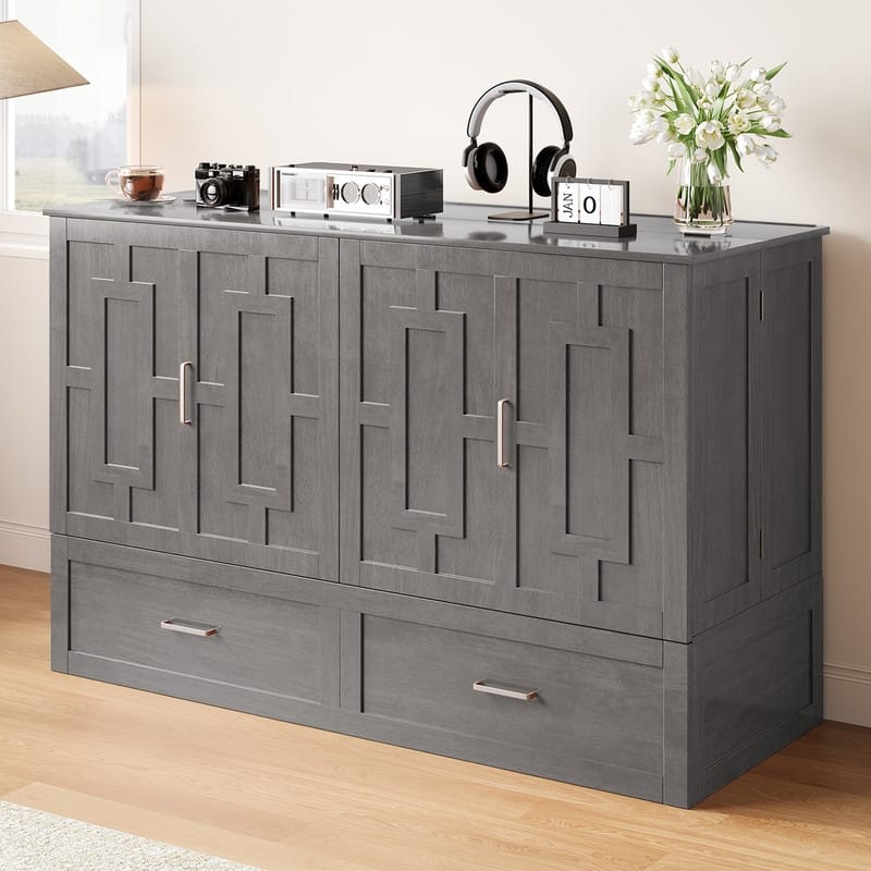 Mixoy Queen Modern Murphy Bed Chest with Mattress,Storage Drawer,Charging Station