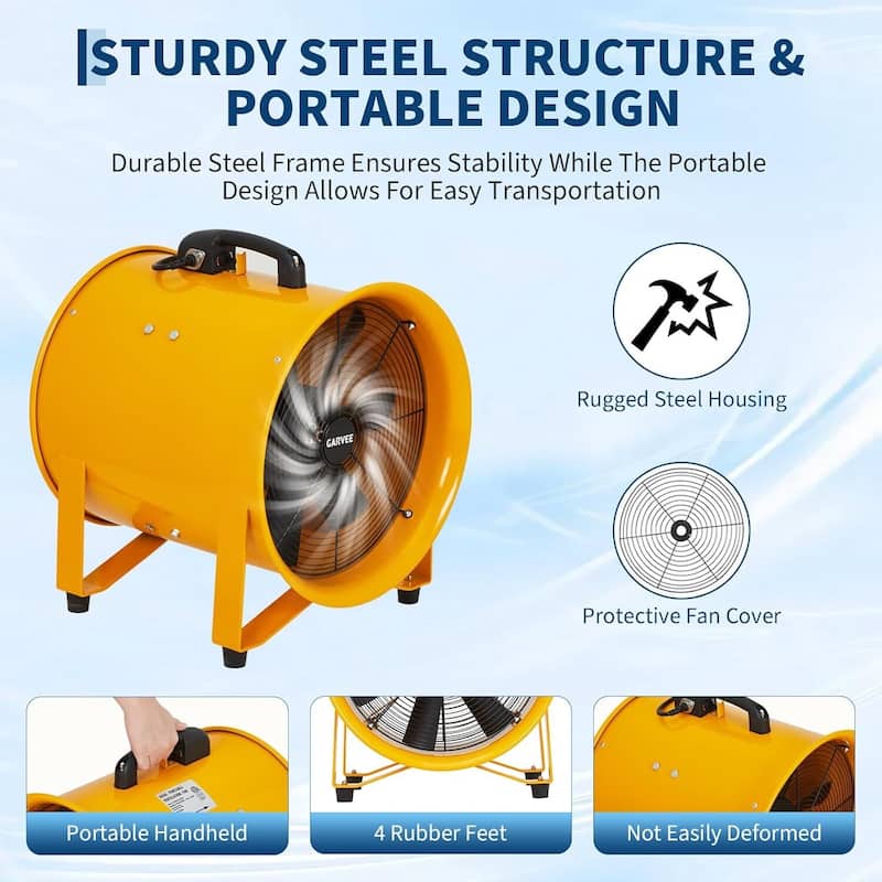 12 Inch 3500 CFM Heavy Duty Utility Blower Fan, Portable Industrial Exhaust Fan with 16.4ft Vinyl Hose