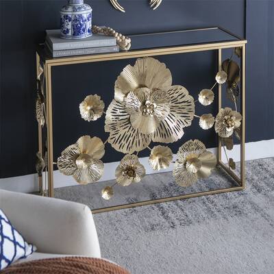 Console Table with Mirrored Glass Top and Dilded Floral Design