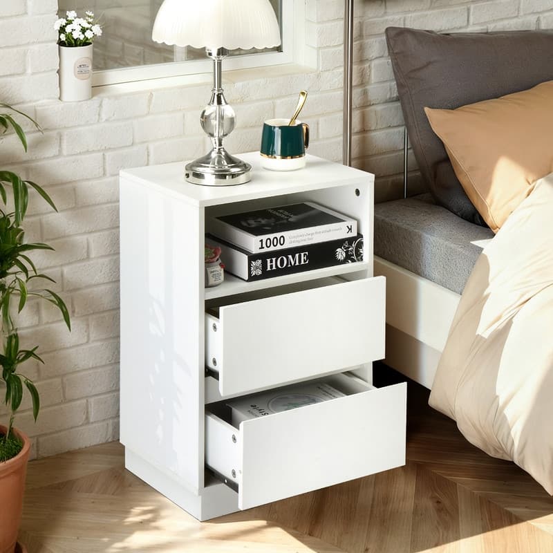 15.7" White Nightstand, P2 Particleboard, Matte Melamine, Beveled Drawer, 2 Drawers - White-1