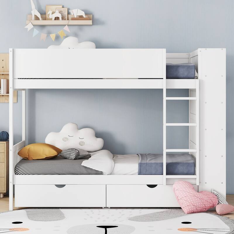White Twin over Twin Bunk Bed with 2 Drawers & Multi-layer Cabinet, Space-Saving Kids Furniture