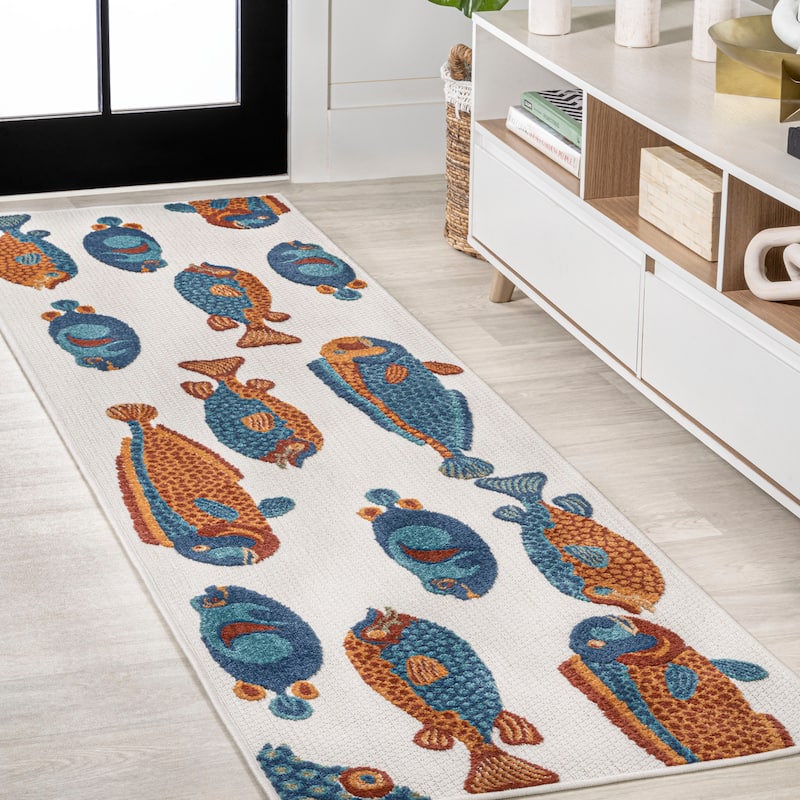 JONATHAN Y Aranciata Modern Fish High-Low Indoor/Outdoor Area Rug - 2 X 8 - Navy/Orange/Cream