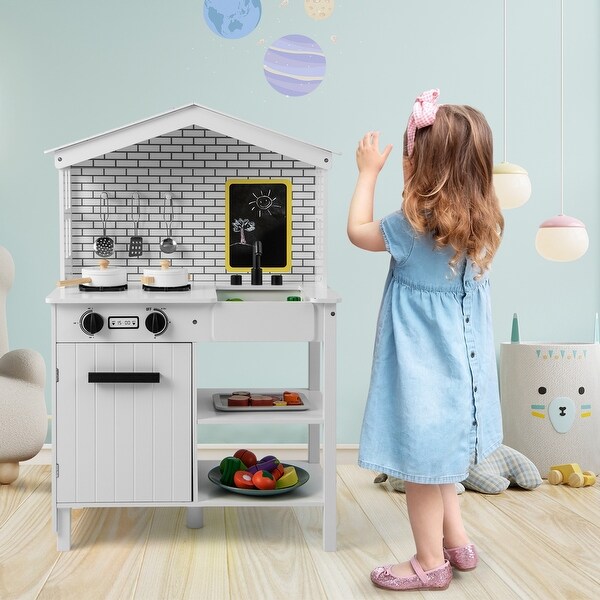 Costway Kids Play Kitchen Pretend Playset with Stoves and Chalkboard White