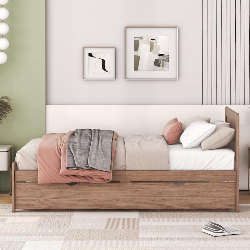 Brown Twin Wood Platform Bed Frame with Trundle, Modern Rubberwood & Plywood Construction