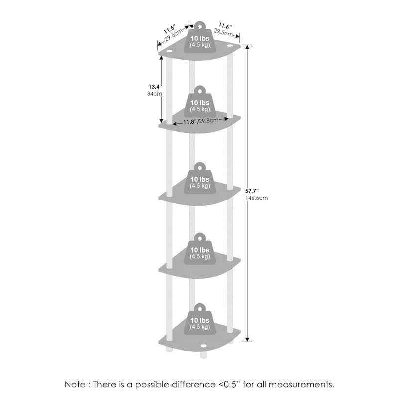 5 Tiers Wood Household Shelving Unit in White (11.6 in. W x 57.7 in. H x 11.6 in. D)