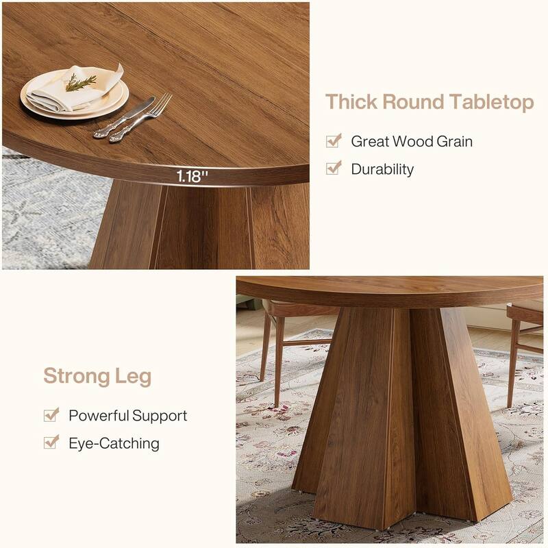Round Dining Table, Farmhouse Circle Kitchen Table with Pedestal Base