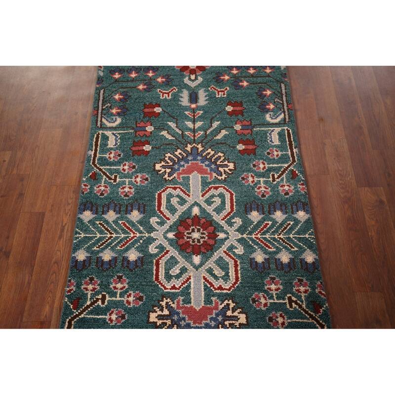 All-Over Green Kazak Oriental Runner Rug Handmade Wool Carpet - 2'6"x 9'11"