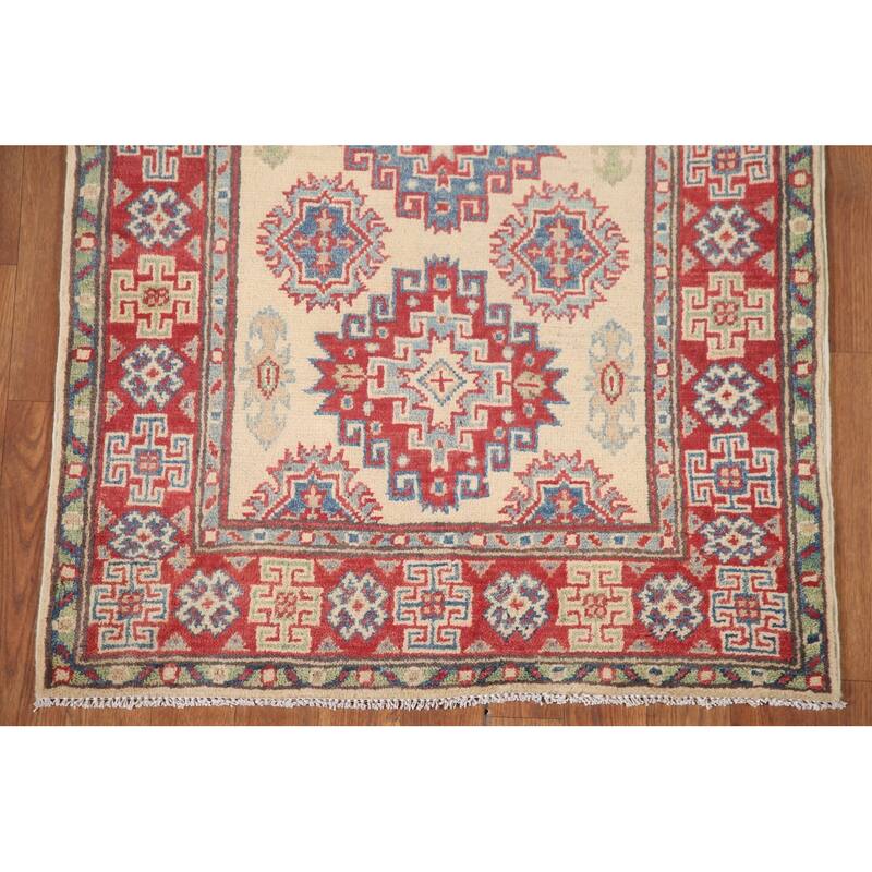 Hand Knotted Oriental 100% Wool Carpet Traditional Geometric Beige & Ivories Kazak Runner Rug - 8' 5'' X 2' 9''