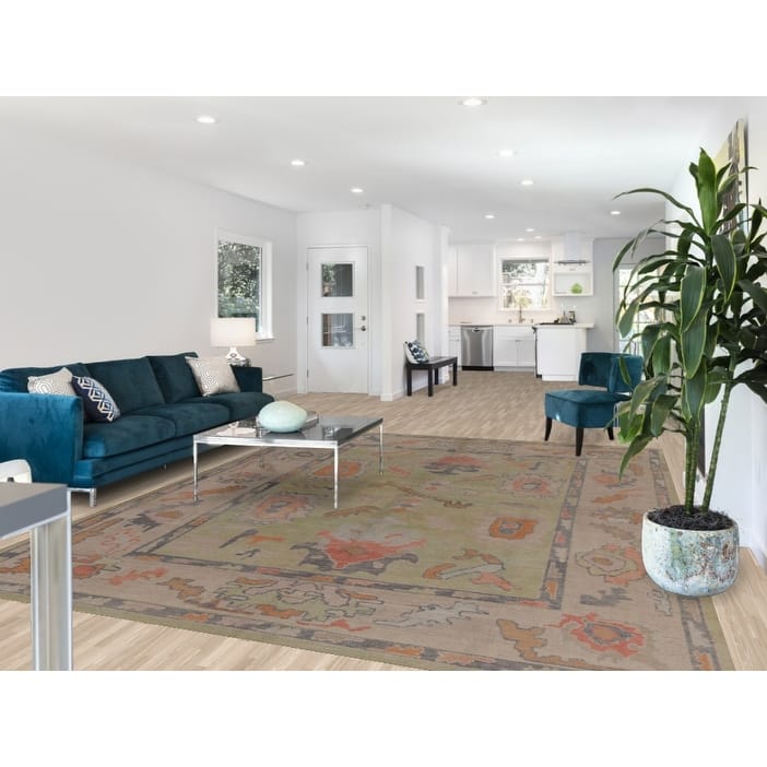 Hand Knotted Oriental 100% Wool Carpet Transitional All-Over Green Oushak Area Rug - 11' 4'' X 8' 8''