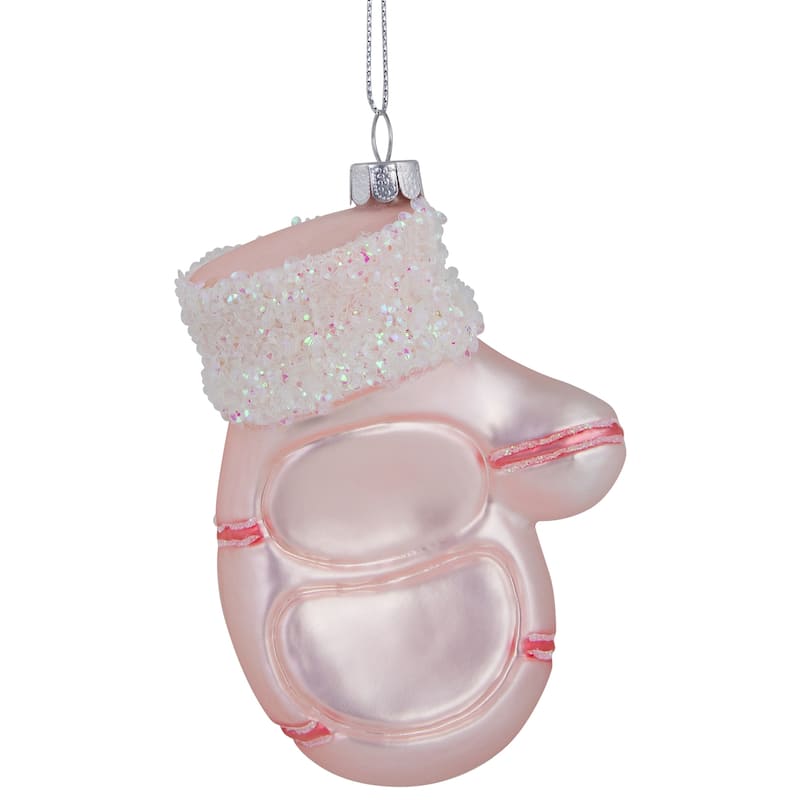 4" Baby's 1st Christmas Pink Mitten Glass Ornament