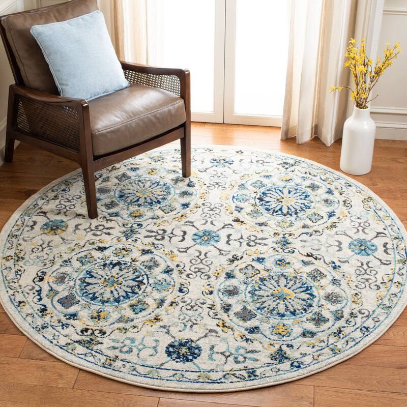 SAFAVIEH Evoke Annamari Distressed Vintage Boho Rug - 6'7" Round - Ivory/Blue