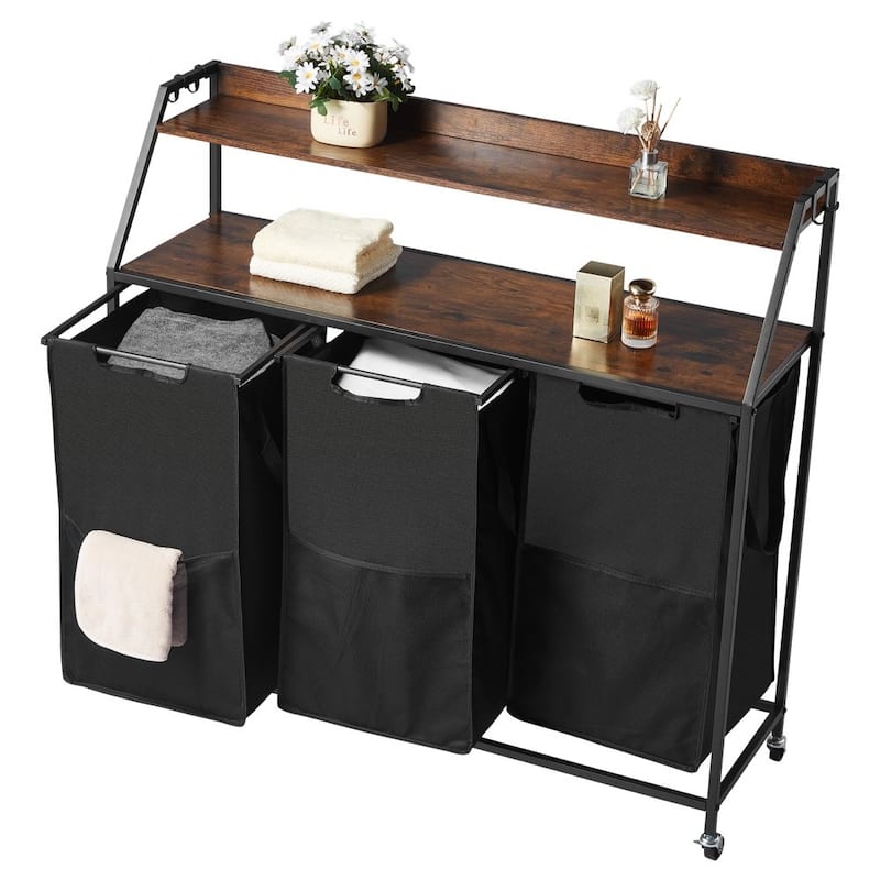 Black Laundry Hamper with Fabric 3 Removable Compartments Hamper and Wheels for Organization