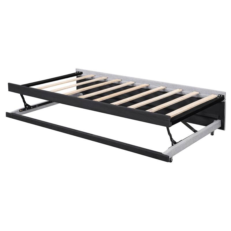 Roomfitters Twin Size Upholstered L-Shaped Daybed with Pop Up Trundle, Space Saving Fabric Sofa Bed Frame with Slats