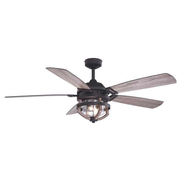 slide 2 of 11, Barnes 54 in. Indoor Outdoor Ceiling Fan with Reversible Blades, Dimmable LED Light Kit and Remote, 3 Speeds, Clear Seeded Glass 54-in W x 18.75-in H x 54-in D - Matte Black and Rustic Oak