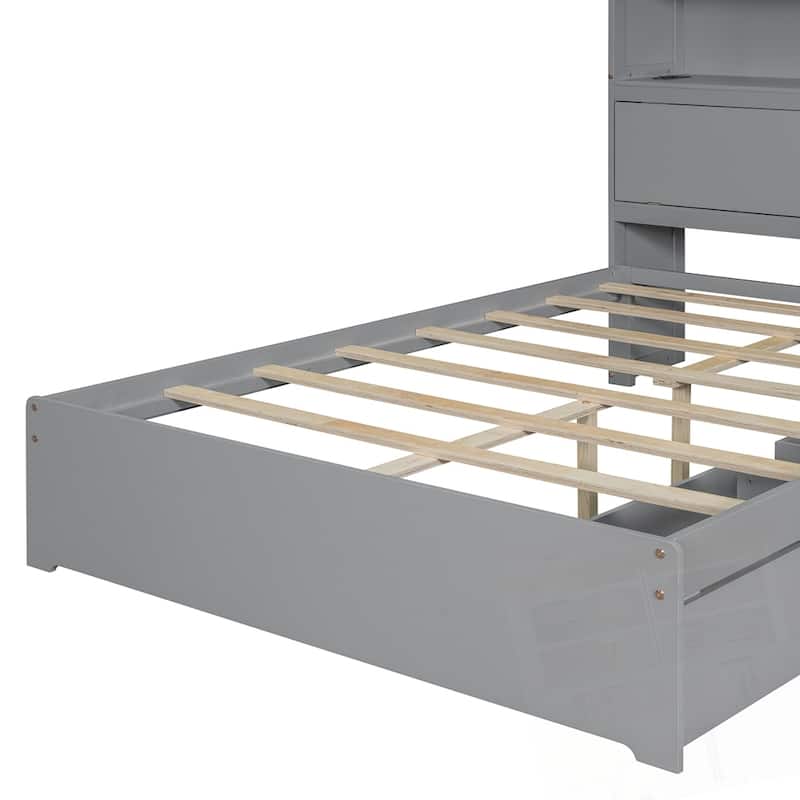 Full Size Wooden Platform Bed with USB and Drawers