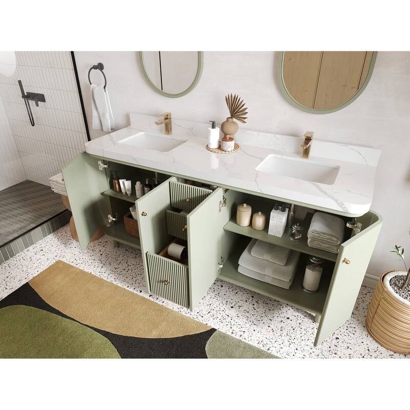 Willow Collections 72 in. W x 22 in. D Reeded Miami Double Bowl Sink Bathroom Vanity with Countertop
