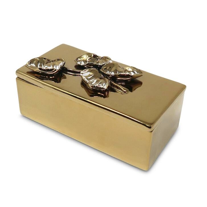 Oblong Gold Decorative Box With Flower Design Lid