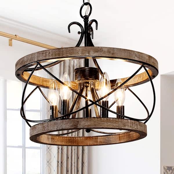 slide 2 of 44, Oaks Aura 5-Light Farmhouse Wood Chandelier, Drum Chandelier for Dining Room Height Adjustable 15.8" - Weathered Wood