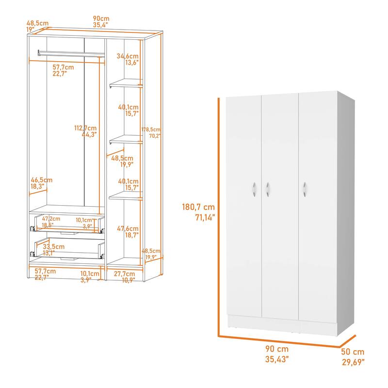 Augusta 3-Door Wardrobe with Hanging Rod White
