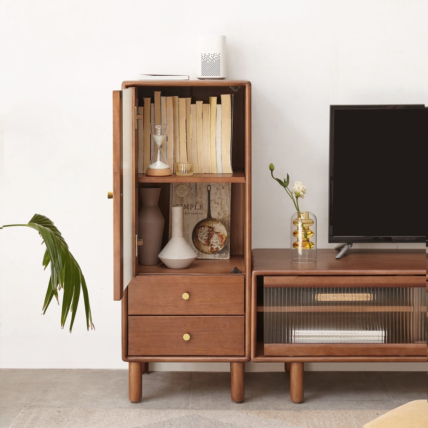37 Tall Pine Wood 1 door Storage Cabinet in Walnut with 2 Drawers