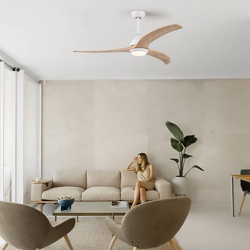 52" Solid Wood Blades Ceiling Fan With Light with Remote Control, Noiseless Reversible Motor, 6 Speed, 3 Color - Matte White,Natural Wood