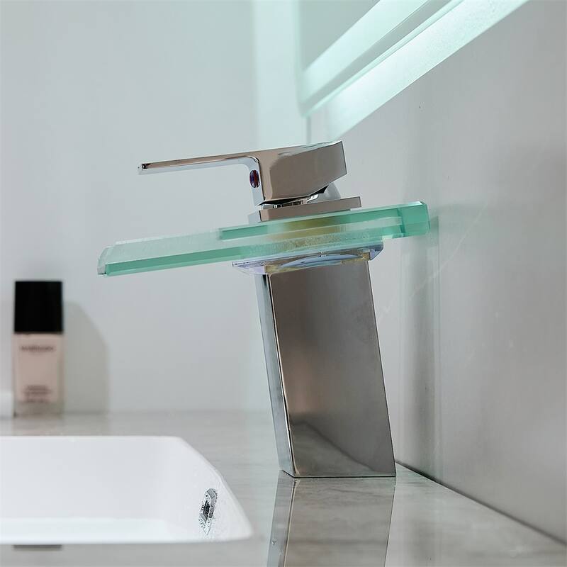 LED Bathroom Sink Faucet with Waterfall Spout and Hot Cold Water Mixer