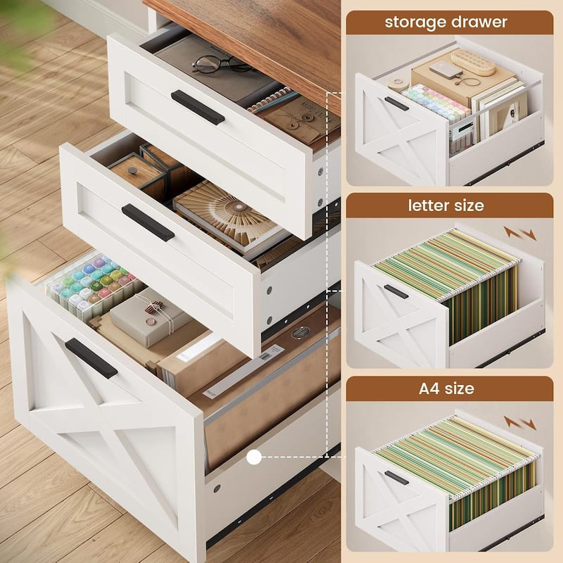 Farmhouse Executive L Shaped Desk Home Office Desk with Drawers and Storage Cabinet & Power Outlet