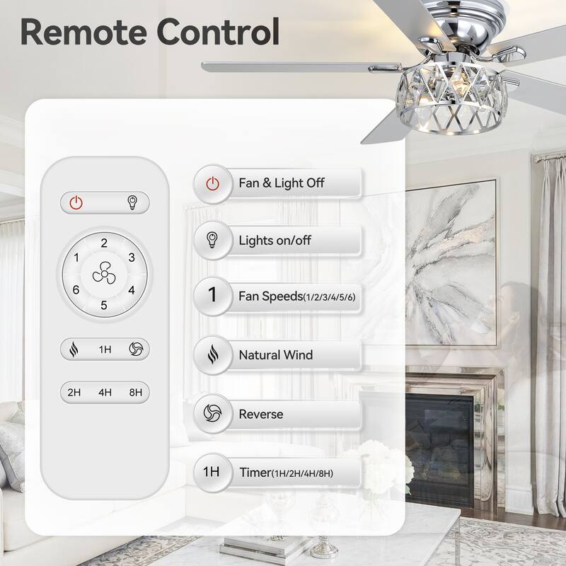 52 inch 5-Blade Flush Mount Crystal Ceiling Fan with Light Remote