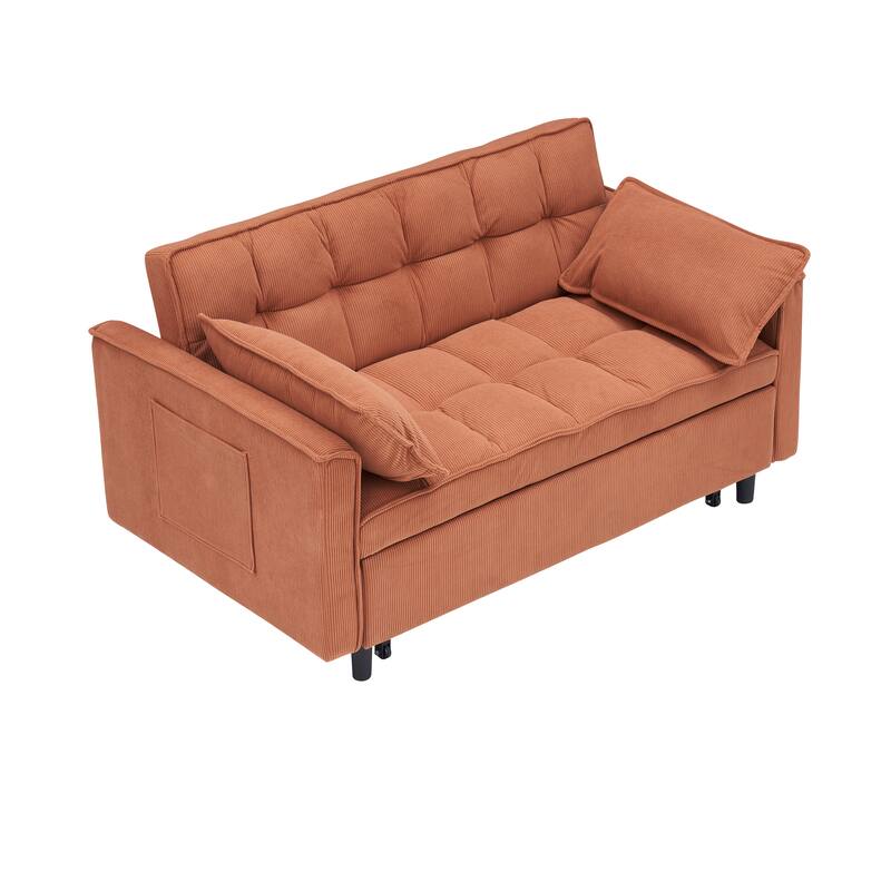 Corduroy Pull Out Loveseat Sofa Convertible Sleeper Love Seat Bed Adjustable Backrest Tufted Couch w2 Pillo & Pockets