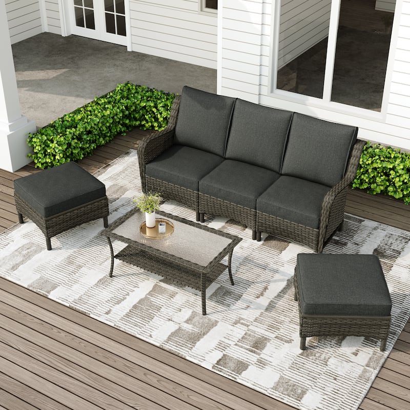Outdoor Rattan Sectional Sofa Set With Ottoman - Grey/3 Seats