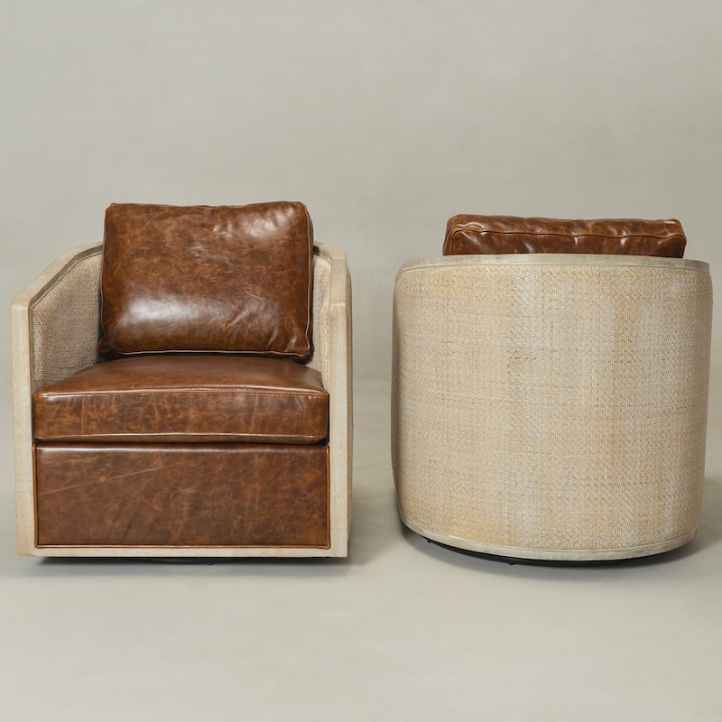 KINWELL 31"W Oak Frame Upholstered Swivel Barrel Armchair