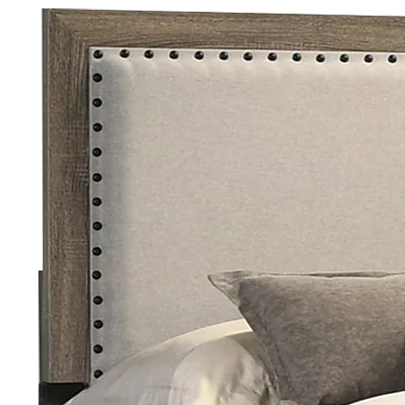 Shannon Queen Panel Bed with Nailhead Trim, Ivory Fabric, Gray Wood