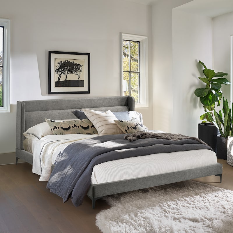 Legend Gray Upholstered Platform Bed with Black Metal Legs - King