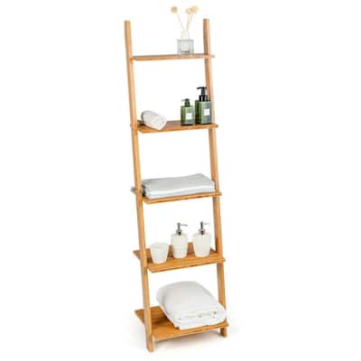 5-Tier Ladder Shelf Modern Bamboo Leaning Bookshelf Ladder Bookcase - 17" x 14" x 65" (L x W x H)