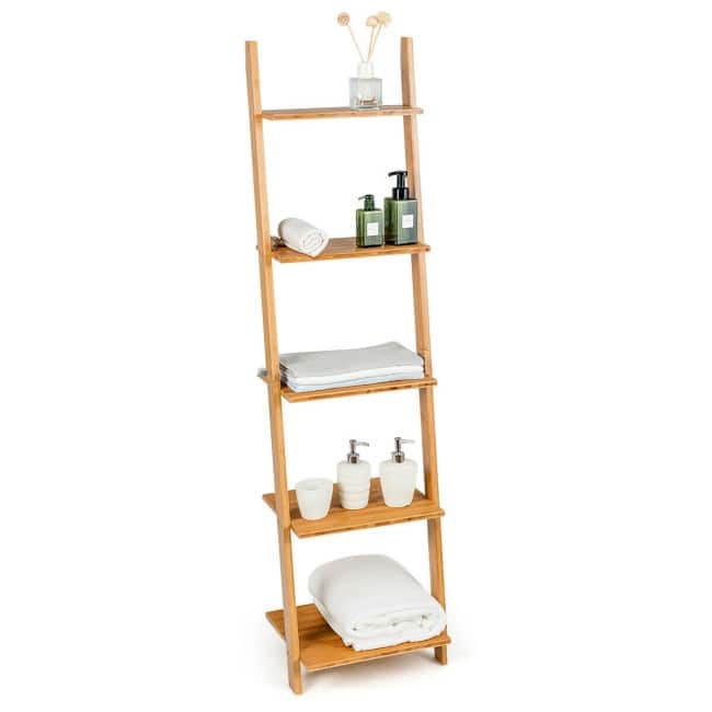 5-Tier Ladder Shelf Modern Bamboo Leaning Bookshelf Ladder Bookcase - 17" x 14" x 65" (L x W x H)
