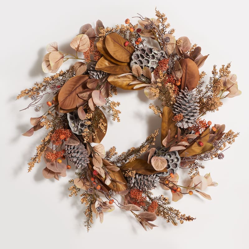 SAFAVIEH Jodi Faux 32 Inch Eucalyptus & Lotus Wreath with Pine Cones - 32" W x 32" D x 9" H - 32Wx32Dx9H