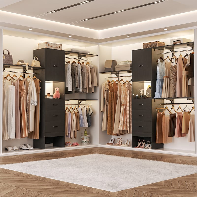 20''-96'' Wide Wooden Closet Organizer With Doors, Adjustable Closet System with Drawers and Hanging Rods