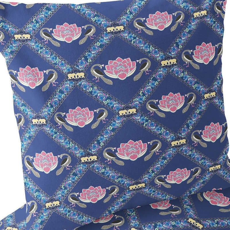 HomeRoots Set of Two 16" X 16" Blue and Purple Peacock Blown Seam Floral Indoor Outdoor Throw Pillow - 16.00' X '16.00' X '5.00